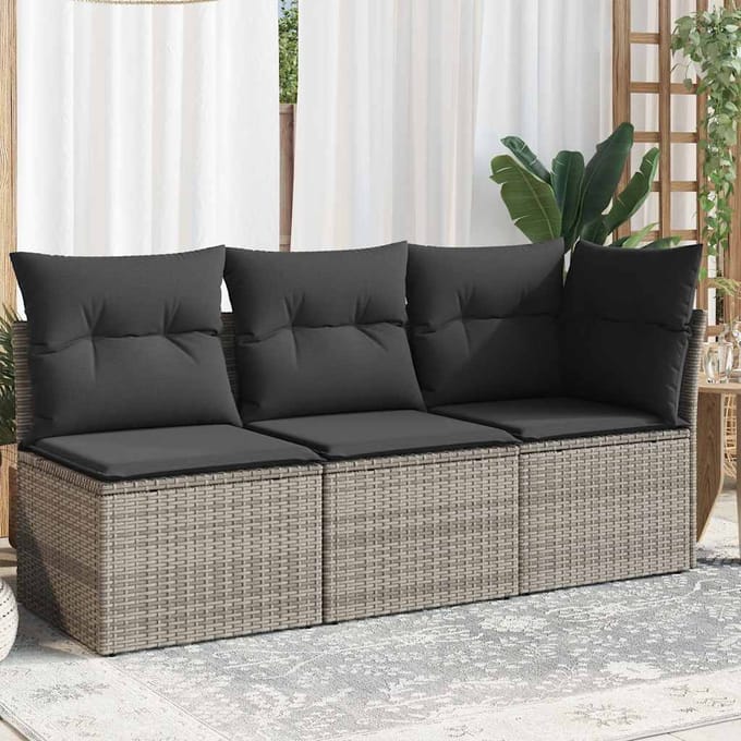 vidaXL - Tuinbank - 3-zits - met - kussens - poly - rattan - grijs