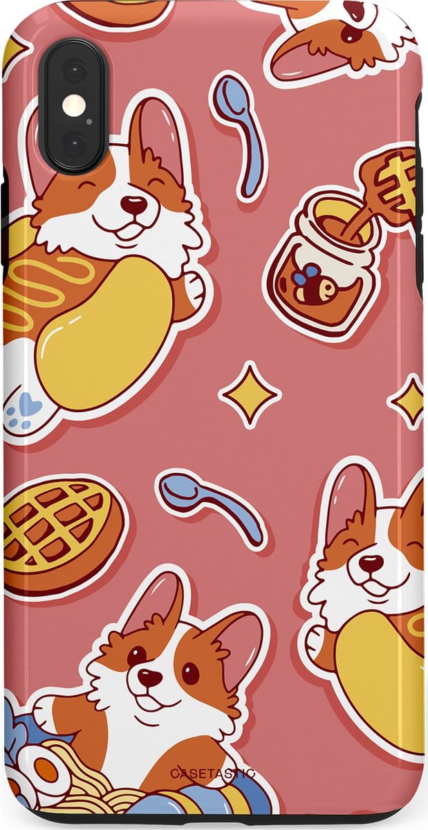 Casetastic hoesje geschikt voor Apple iPhone XS Max - Dubbellaagse bescherming - Corgi snacks - Fashion Case - Koraal Terracotta Lichtgrijs Goud