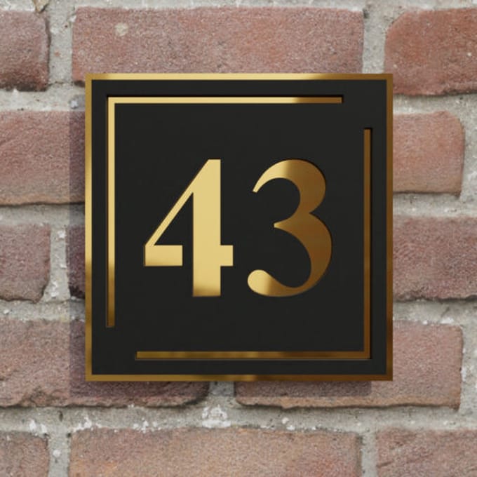 Huisnummerbord voordeur - Vierkant kader - 15 cm - zwart/goud