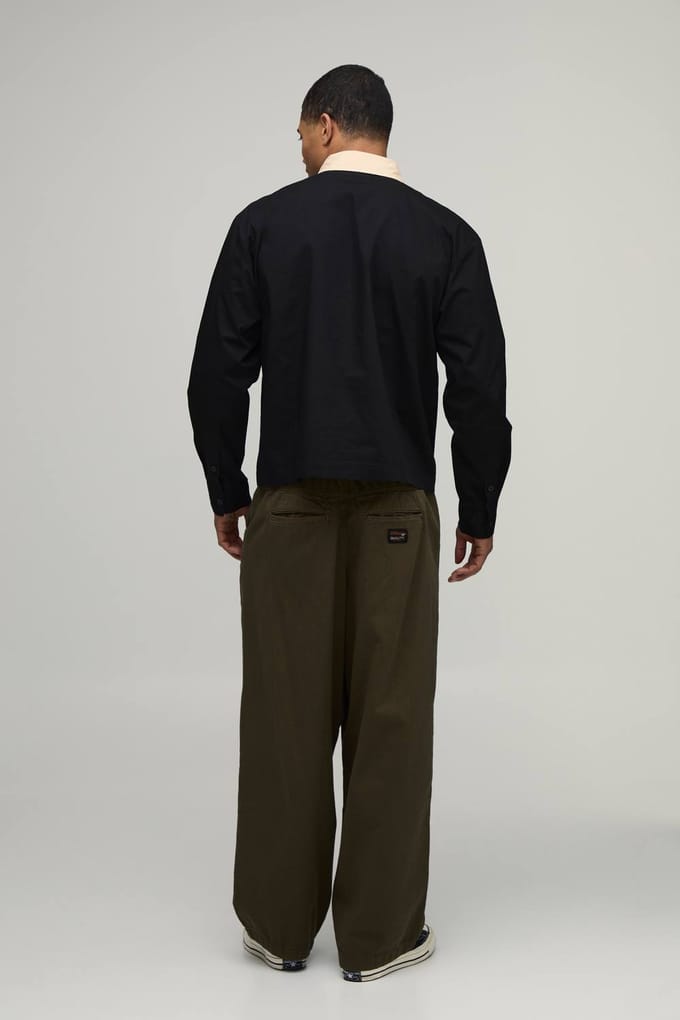 Oversized Boxy Quarter Zip Contrast Collar Poplin Shirt | Black | Size Large