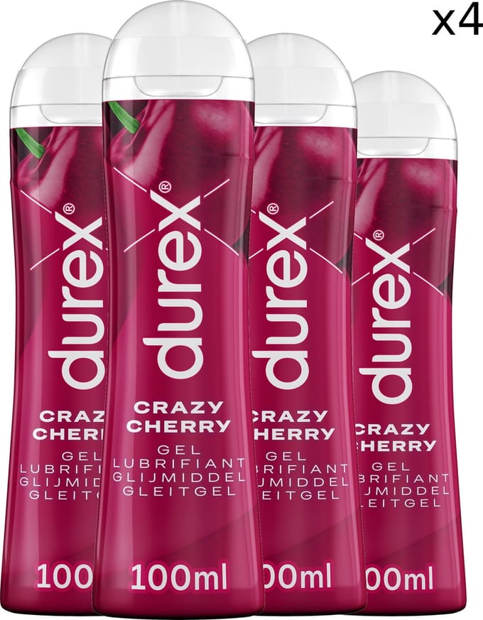 Durex Glijmiddel Crazy Cherry - Kers - waterbasis - 100ML - 4 Stuks - Voordeelverpakking