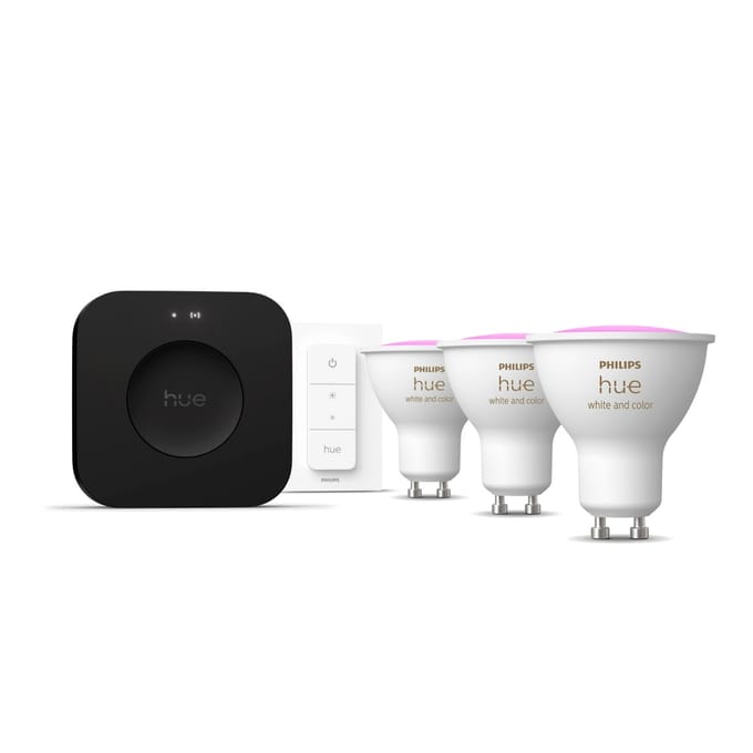Philips Hue starterkit - GU10 fitting - bevat 1 Hue Bridge Pro, 3 lampen, 1 DimmerSwitch - aanpasbaar wit en gekleurd licht - - slimme verlichting