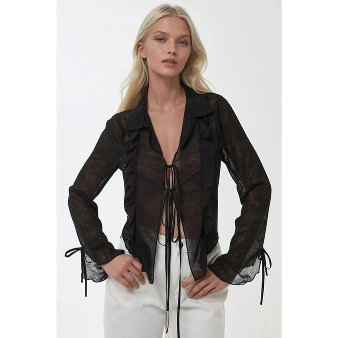 V-hals Blouse met Strik en Rimpel Mouwen