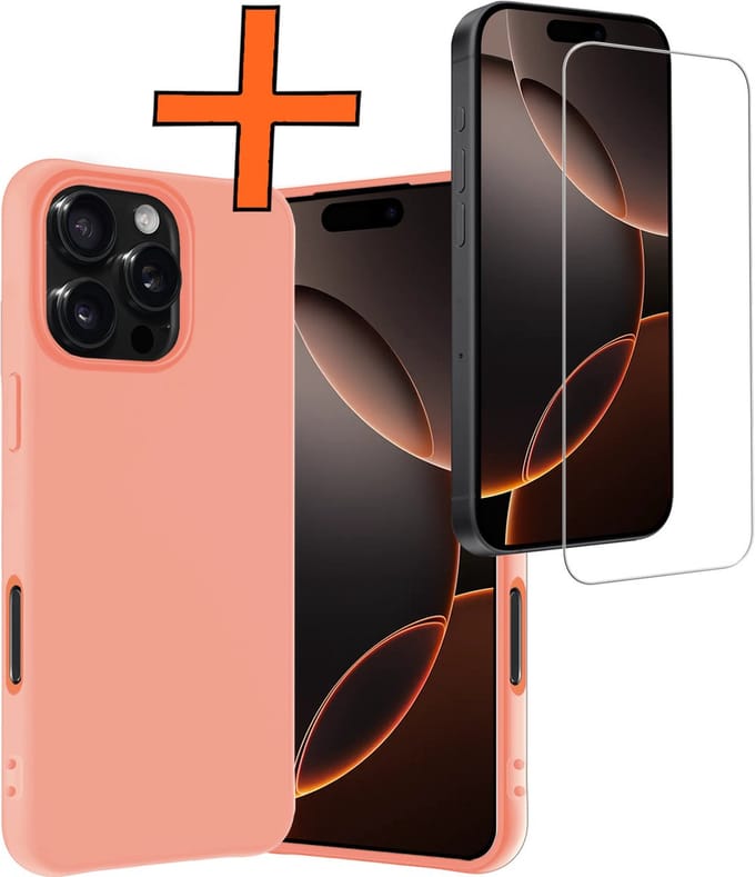Hoes - Met Screenprotector - Geschikt voor Apple iPhone 16 Pro Max - Sterk & Shockproof - Back Cover - Siliconen Case - Telefoon Hoes - Perzik
