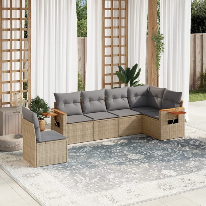 vidaXL - 6-delige - Loungeset - met - kussens - poly - rattan - beige
