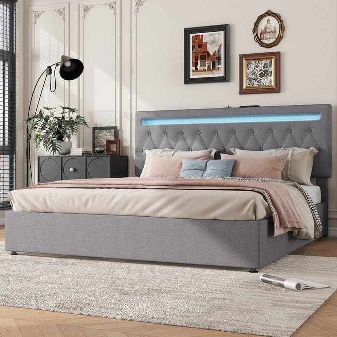 Gestoffeerd Bed 180x200 - Hydraulisch Opbergbed met Sfeerverlichting en USB - Stof - Grijs