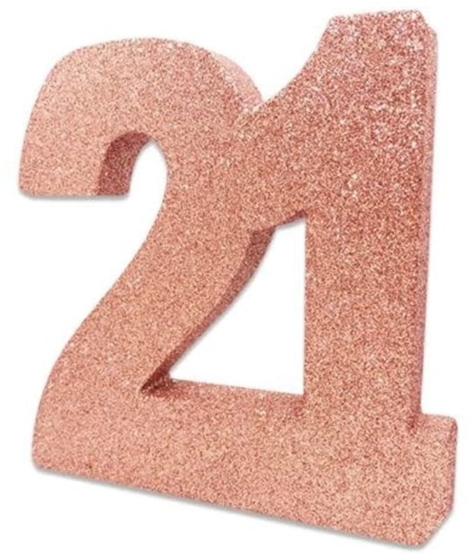 Tafeldecoratie verjaardag 21 rosegoud.