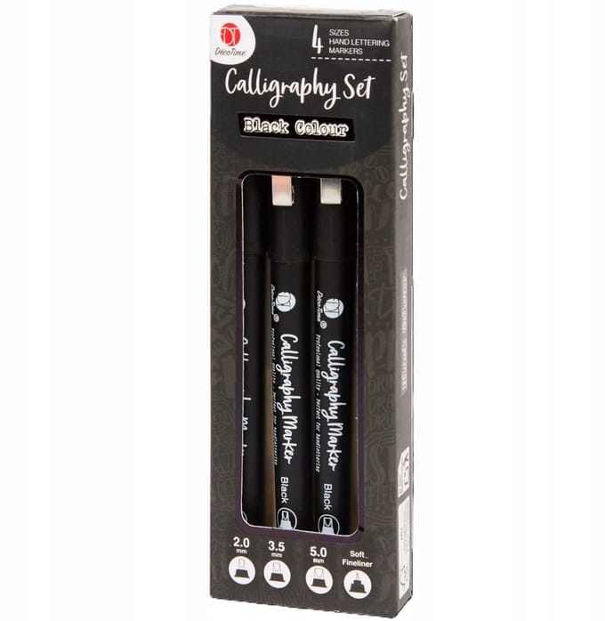DecoTime Calligraphy Set – 4 Handlettering Markers – Black Colour – 2.0 / 3.5 / 5.0 mm + Fineliner