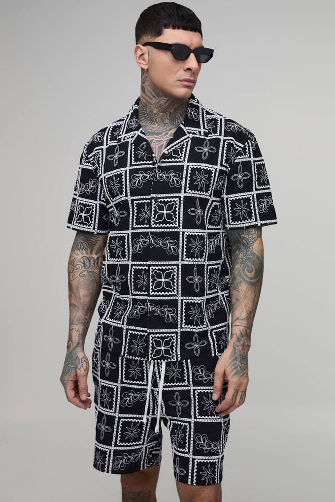 Tall Embroidered Tile Oversized Shirt & Relaxed Short Set | Black | Size Medium