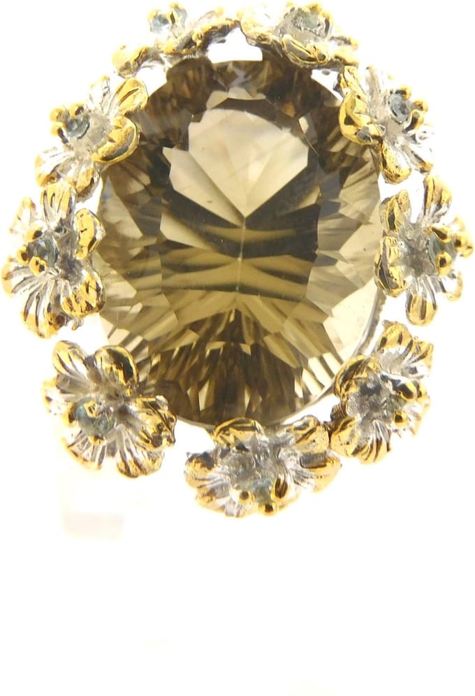 Hetty'S-Extravagante zilveren ring-Met grote Citrien-En bloemen-Maat 17