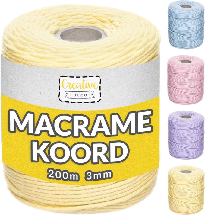 Creative Deco Macrame Koord Katoenen Koord | Geel Licht 200 m | 2-3 mm Dikte