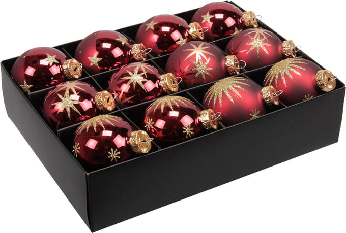 Othmar Decorations Kerstballen - gedecoreerd -12x st - donkerrood - D7,5 cm - glas - luxe