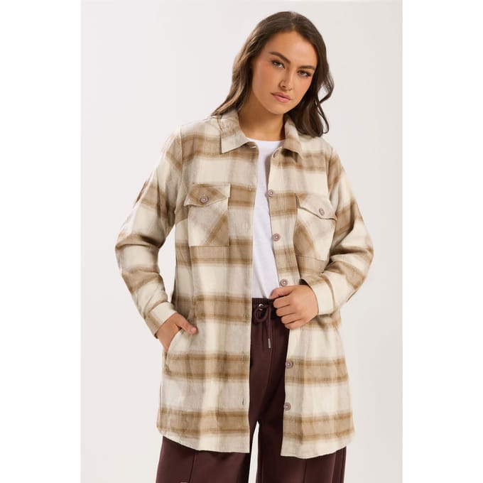 Yours Natural Brown Check Shacket Size 58-60