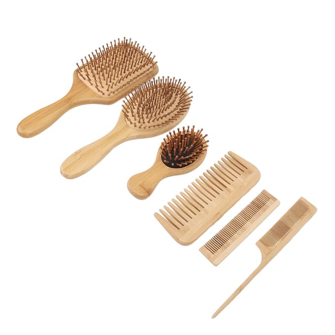 6 Stuks Kam Haar Baard Kapsel Luchtkussen Ontwarborstel Bamboe Set Kit voor Thuis Salon beige