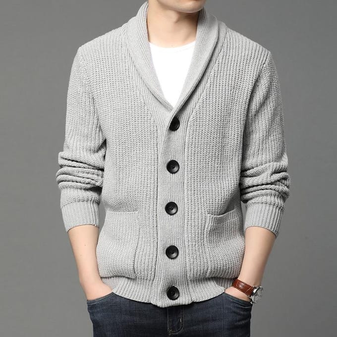 Mode nouveaux hommes à manches longues pull Cardigan poche col roulé pur tricots de couleur S gris