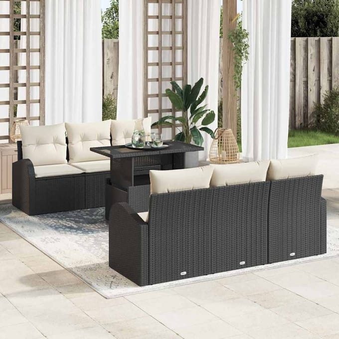 vidaXL Tuinbank Set met kussen met opslag 7 pcs Zwart Poly Riet