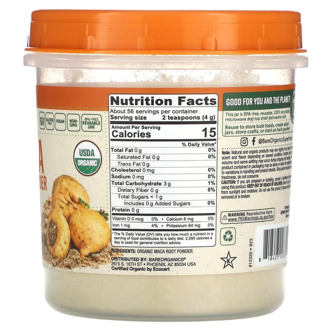 BareOrganics, poudre de racine de maca biologique, 227 g (227g)
