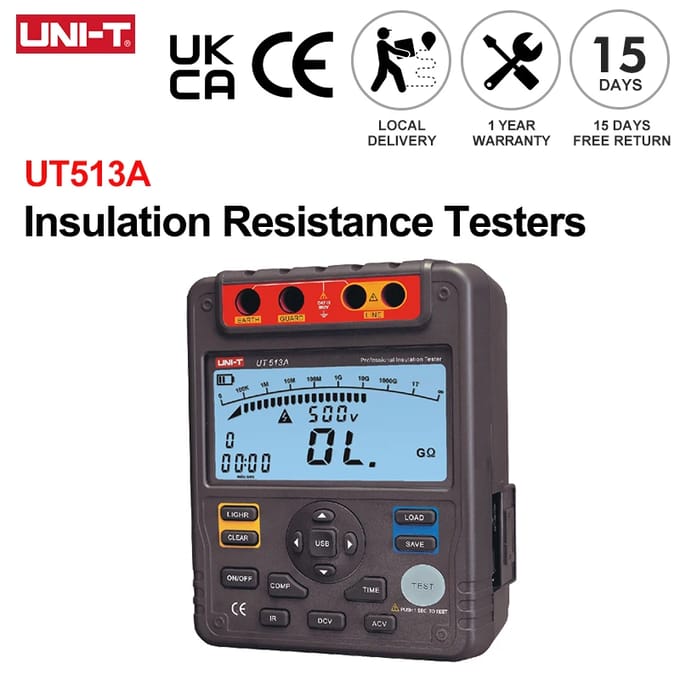UNI-T Isolatieweerstandstester UT513A 5000V 1000GΩ Ohmmeter 600V AC DC Spanningstester Gegevensopslag PI DAR-test