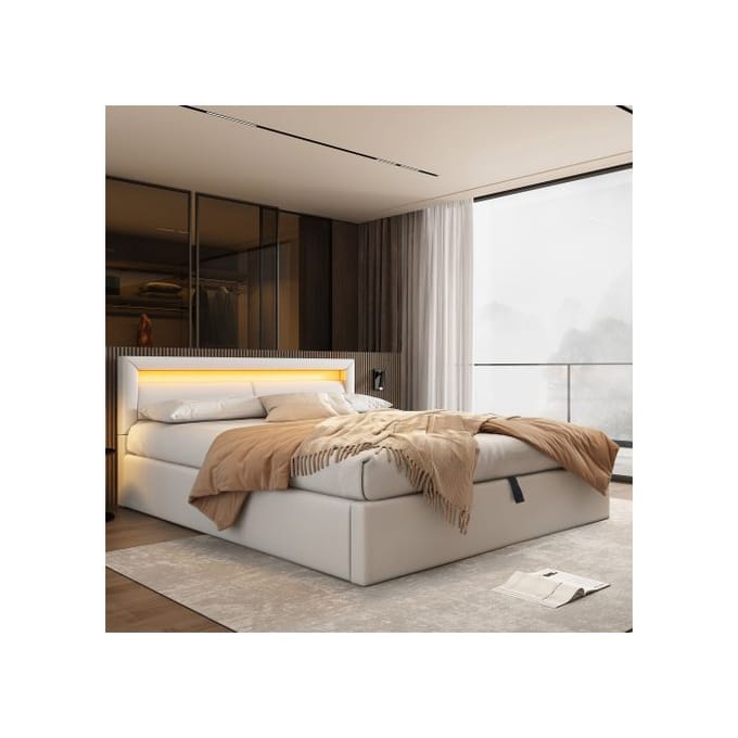 Lit rembourré, lit LED, 140*200 cm, blanc, tête de lit et simili cuir