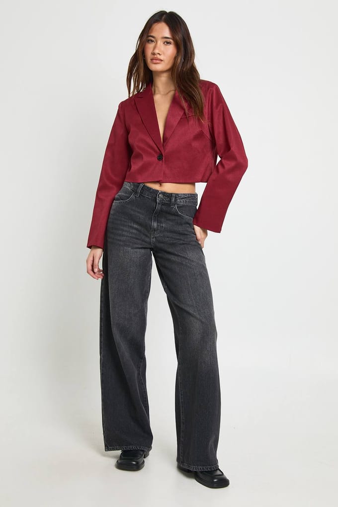 boohoo Dames Boxy Crop Blazer | Burgundy | Maat: 8
