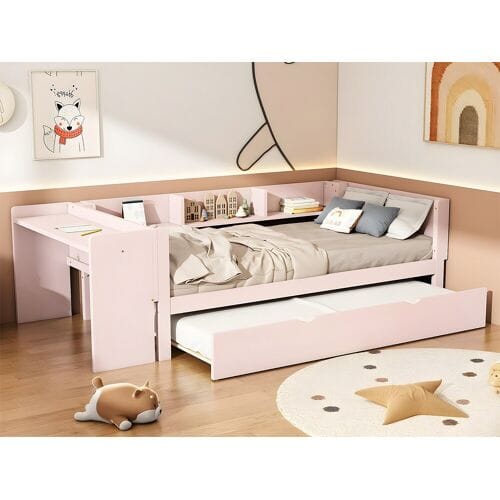 ModernLuxe Eenpersoonsbed 90x200 cm met onderschuifbed - met bureau ernaast - Roze