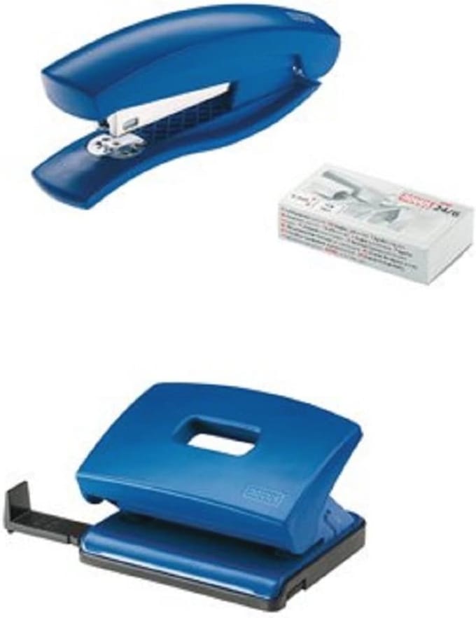Bureau set met hefapparaat en perforator incl. 1000 nietjes - Blauw