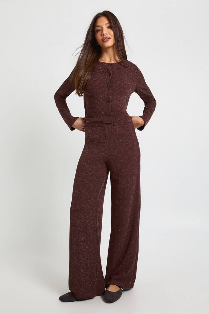 boohoo Dames Boxy top met glitterrib en gouden knopen | Chocolate | Maat: 8