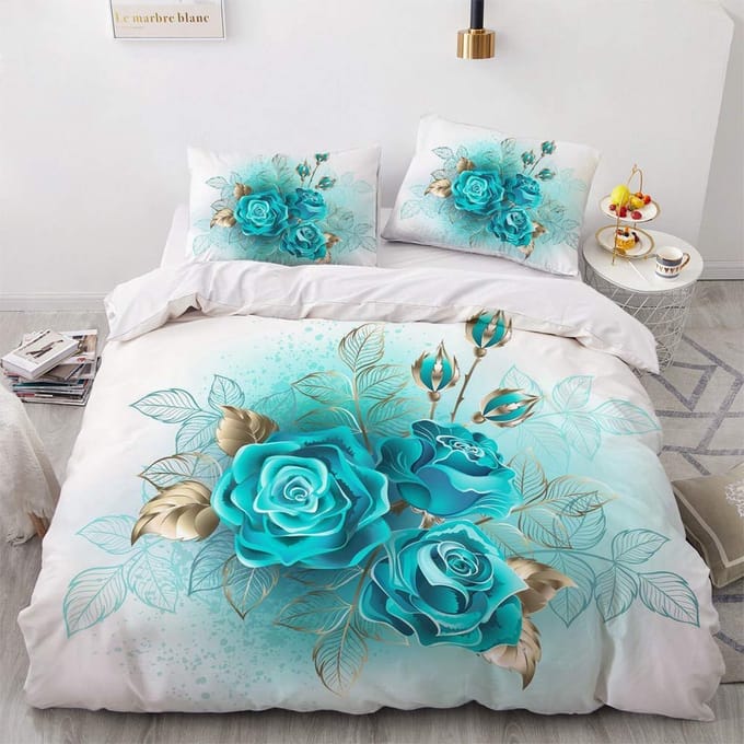 Goodivery ® Beddengoed Set met Bloemendessin in Turquoise Kleuren en Microvezel Stof