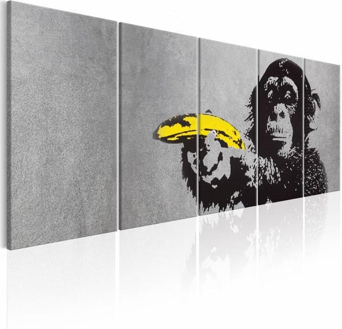 Schilderij - Aap en Banaan - Banksy , 5 luik