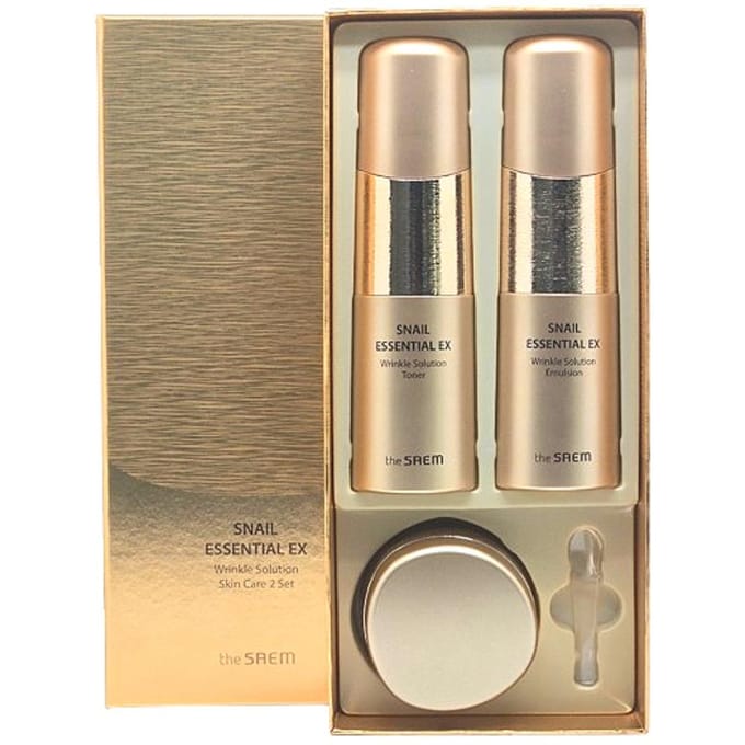 THE SAEM Snail Essential EX Solution Rides Ensemble de Soins Anti-Âge Hydratant (Lotion 150ml + Émulsion 150ml + Crème 30ml) beige
