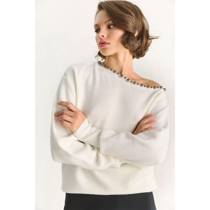 Asymmetrische Kraag Accessoire Gedetailleerde Gebreide Trui