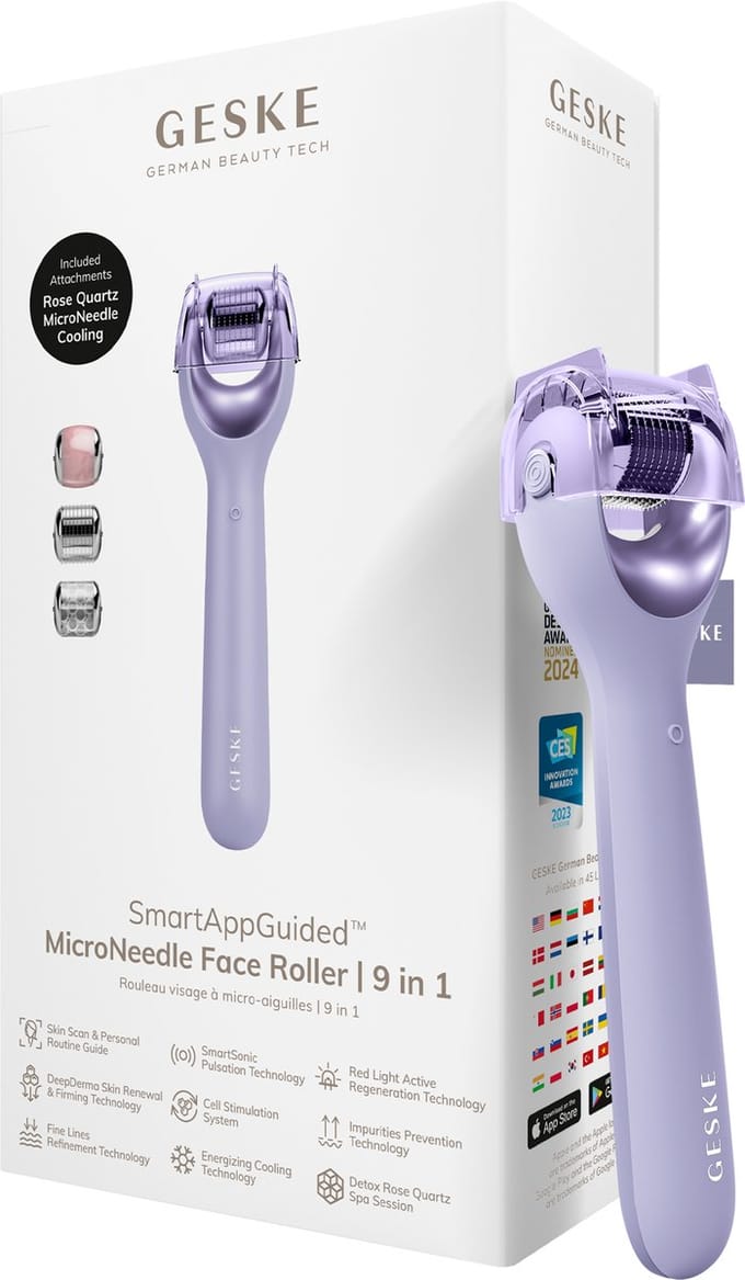GESKE | SmartAppGuided™ MicroNeedle Face Roller | 9 in 1 | met rozenkwarts | Microneedling | Professioneel Microneedling-apparaat | Naaldroller | Schoonheidsrollergezicht | Micronaaldroller