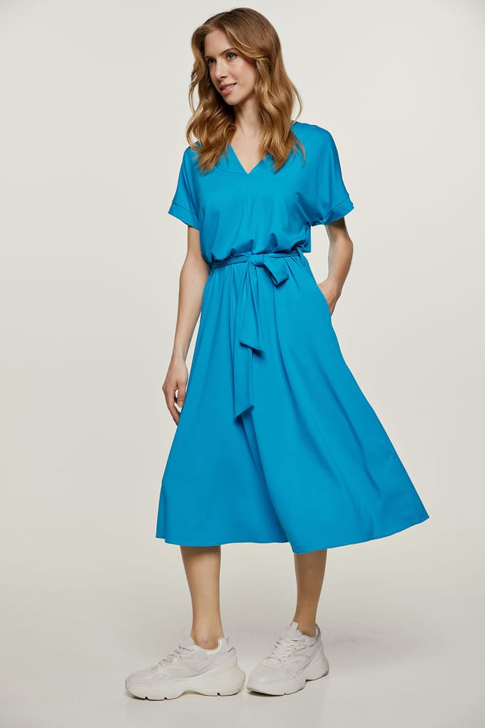 Turkoois jersey midi-jurk met riem