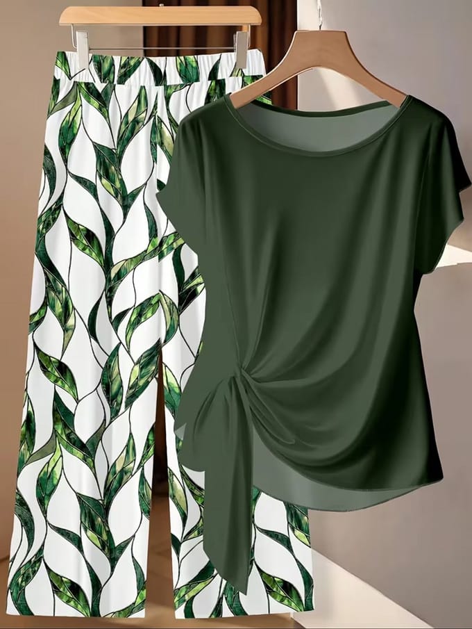 Donkergroene 2 Delige Dames Set - Kledingset - Strikblouse met Wijde Broek - S