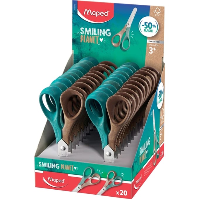 Kinderschaar Maped Smiling Planet 12cm  rechtshandig bruin/groen display à 20st