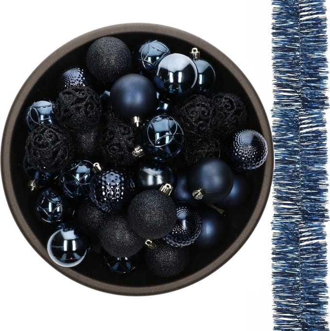 Decoris Kerstballen - 37 ST - 6 cm - en 2 ST kerstslingers - blauw- kunststof