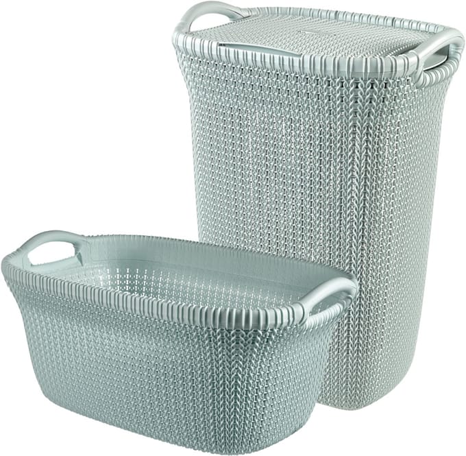 Curver Knit Wasmand met deksel 57L + Wasmand 40L - Blauw/Grijs