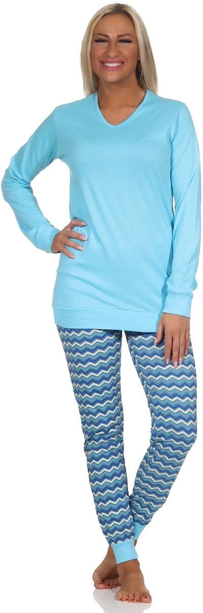 Damespyjama's, lange pyjama's met V-hals & manchetten in etnische look