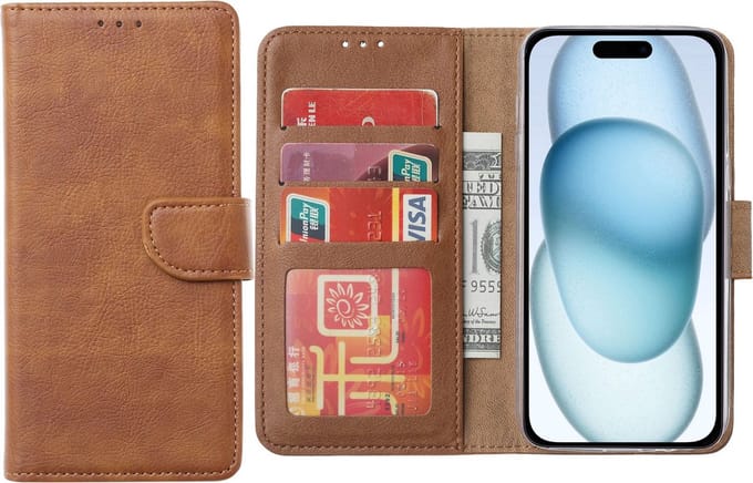 Hoesje Geschikt voor iPhone 15 Plus – Arara bookcase met pasjeshouder- Bruin