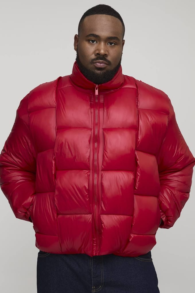 Plus High Shine Weft Oversized Funnel Neck Puffer Jacket | Red | Size 5XL