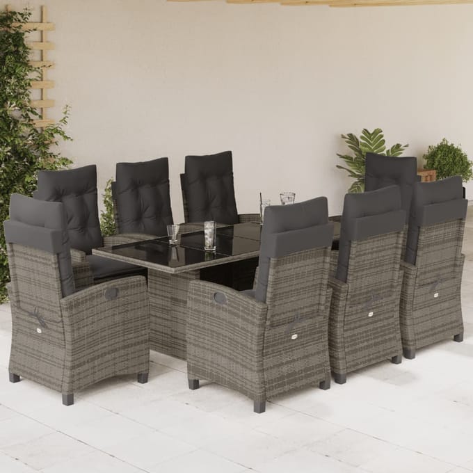vidaXL - 9-delige - Tuinset - met - kussens - poly - rattan - grijs