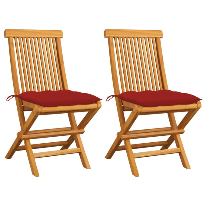 vidaXL - Opklapbare - stoelen - met - rode - kussens, - 2 - stuks, - massief - teakhout