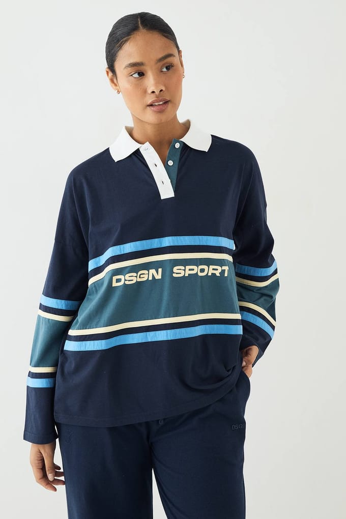 Dames DSGN Studio Sport Oversized Colour Block Top met Kraag | Navy | Maat: 2XL