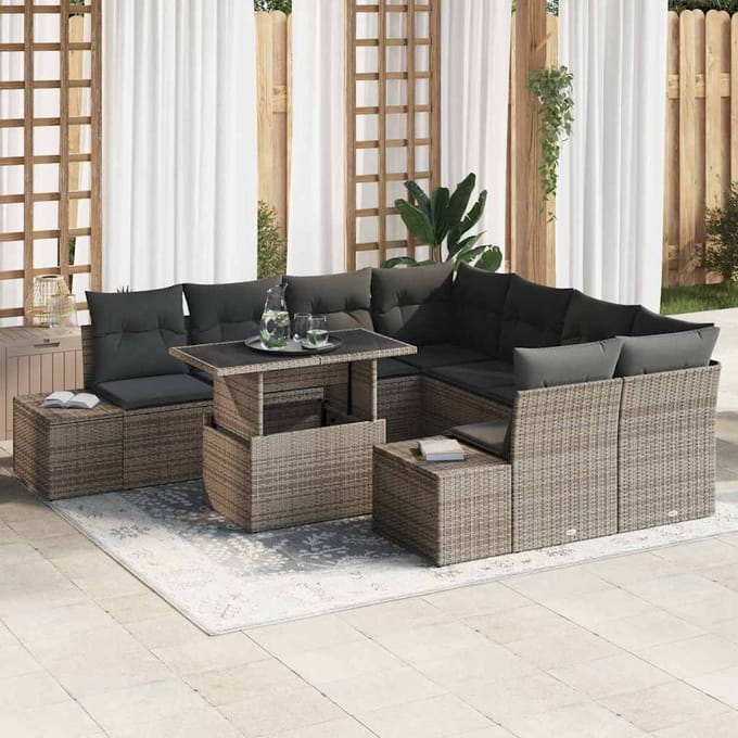 vidaXL - Tuinbank - Set - 9 - st - Grijs - poly - rattan