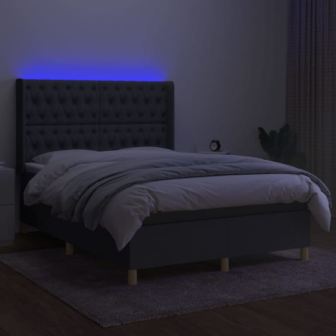 vidaXL - Boxspring - met - matras - en - LED - stof - donkergrijs - 140x190 - cm