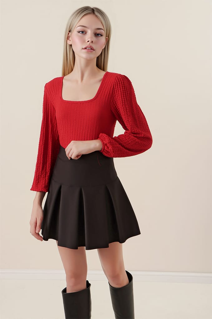 Gestructureerde Vierkante Kraag Lange Mouwen Blouse