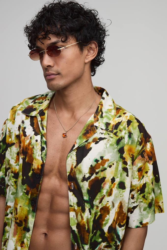Oversized Overhemd Met Abstracte Print En Reverskraag | Green | Size XL