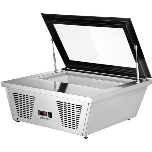 GGM Gastro Tisch-Eisvitrine - 870mm - Statisch - für 4x 5 Liter Eisbehälter - gerader Deckel - Deckelöffnung zur Bedienseite