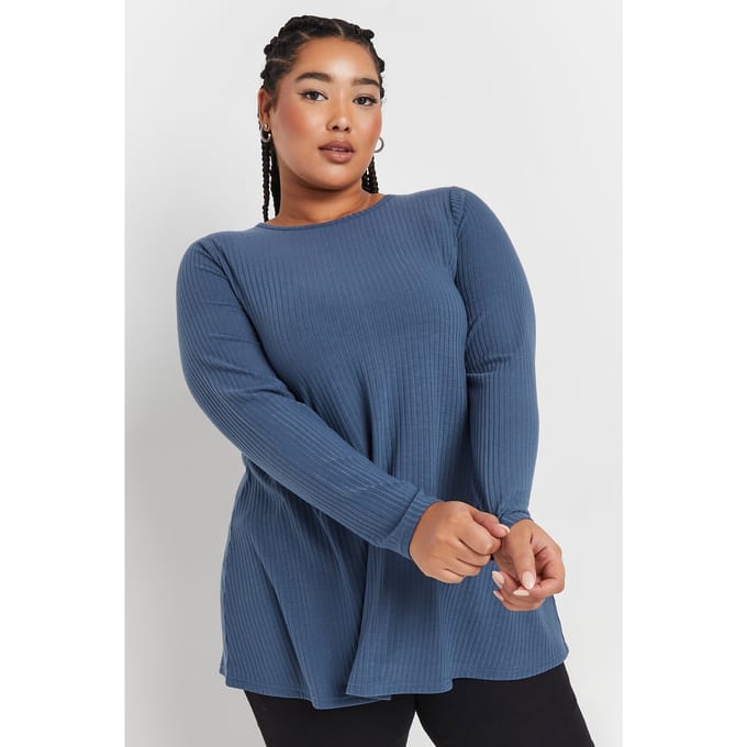 Yours Top Met Geribbelde Textuur En Lange Mouwen In Denimblauw Size 44