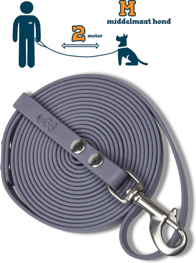 Miqdi hondenriem - BioThane® – grijs – 2 meter lang – 13mm breed – M – middelmaat hond